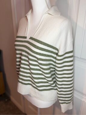 LOFT Petite Striped Collared Sweater White Green Size SP Soft Knit